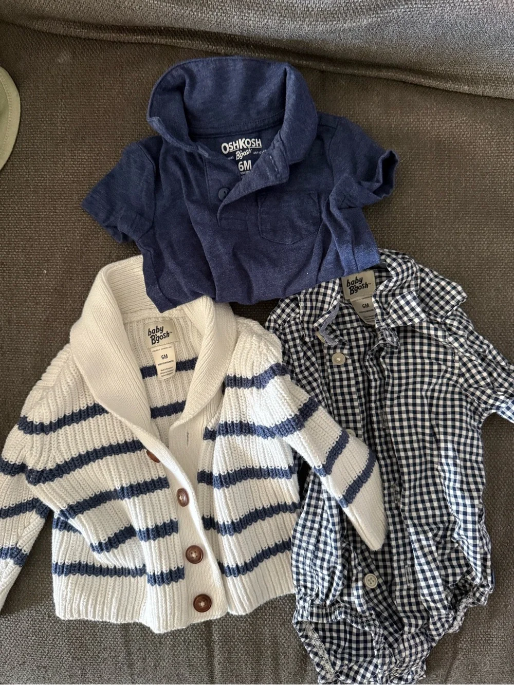 OshKosh B'gosh Navy Polo, Navy-White Striped Cardigan & Navy Gingham Romper Set